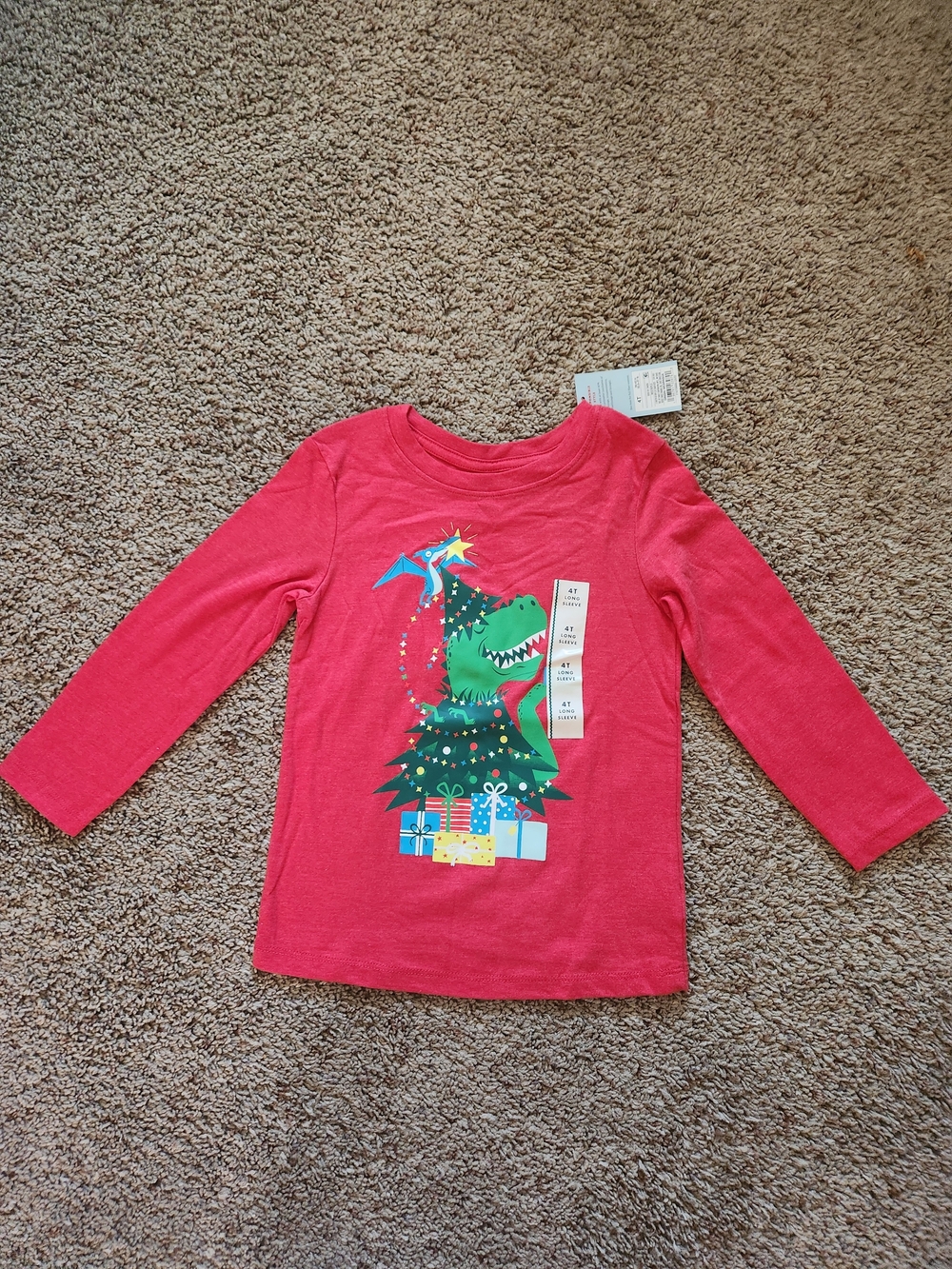 Cat & Jack Red Long-Sleeve Holiday Dino Tee For Kids Size 4T
